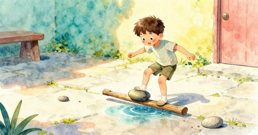 格倫在石頭院子裡動作滑動暖石於雪松棒上，陽光照射下他的臉上流露著專注與期待，背景有水坑與乾燥地面。