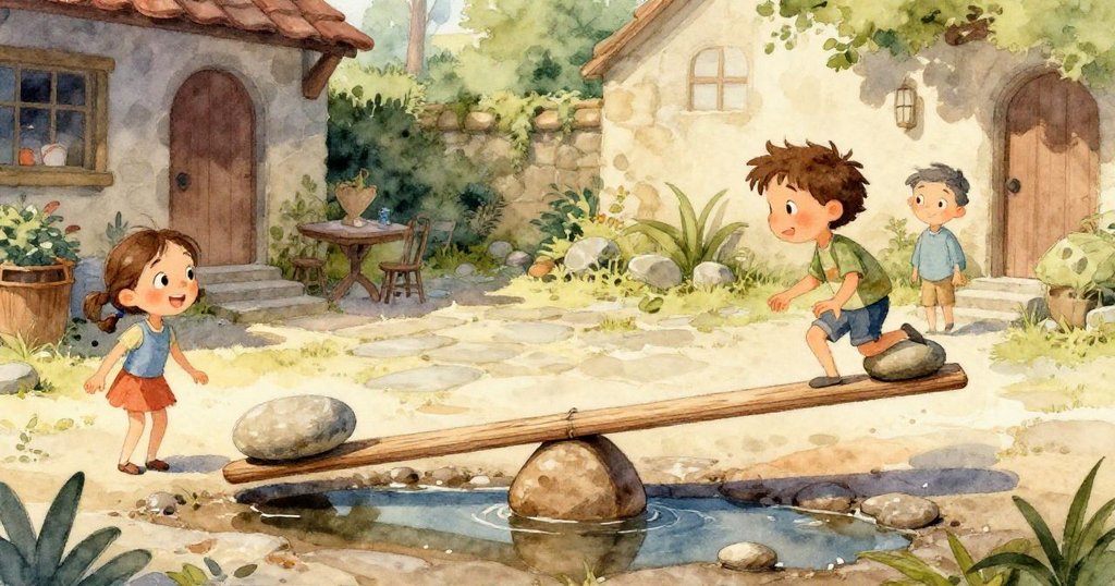 格倫小手輕觸著雪松棒與第一塊石子，畫面近距離呈現石頭間微妙平衡，充滿希望與好奇。