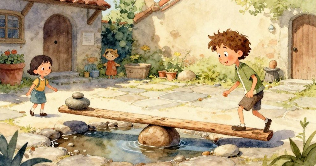 格倫背影近拍俯瞰實驗中的水坑與隱藏白石，旁邊烏龜Mica靜候，臉上充滿好奇與期待。