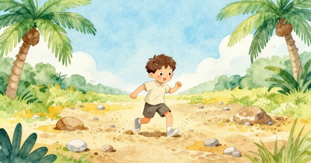 格倫走入乾燥空地抓取第二塊粉質石子，周遭散落童玩後石頭，天空明亮展現季節感。