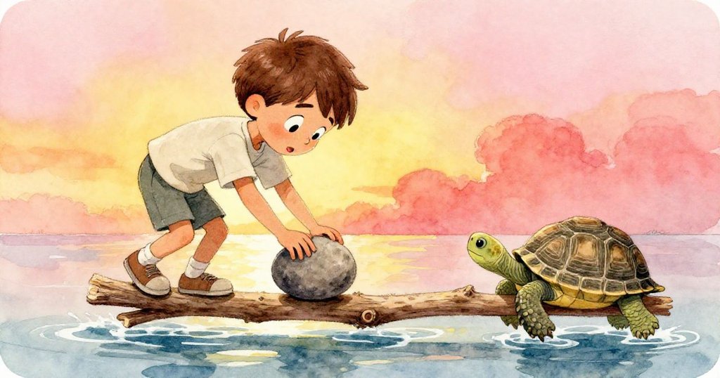 格倫神情緊張小心放入第三塊較重石子，木棒突然傾斜，水邊波紋微現，表現實驗關鍵時刻。