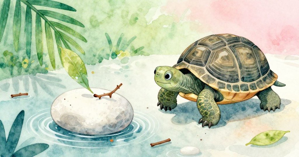 細部畫面呈現白石滑過濕石面輕觸枝條與葉片，水波溫柔拂過Mica龜殼，標誌著實驗圓滿落幕。