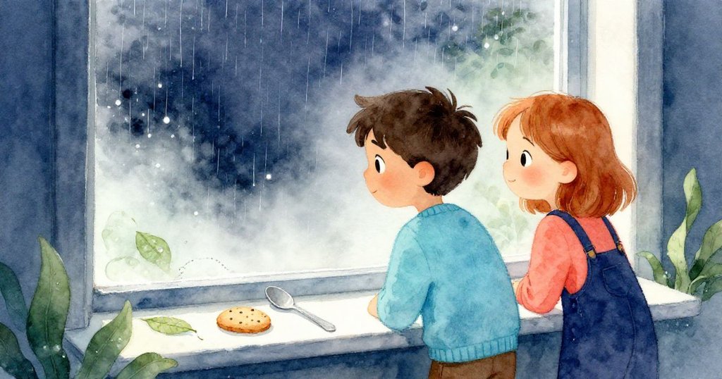 奧托和諾艾米站在霧氣瀰漫的窗邊，桌上的匙子、碎餅乾與帶蝸牛痕跡的葉子映照著雨滴神秘情境