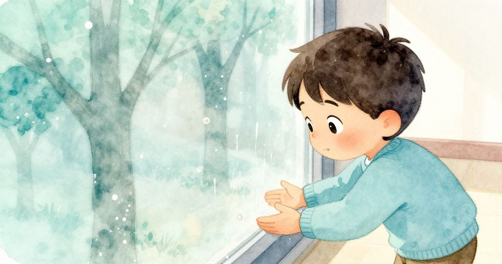 從高處俯視，奧托彎膝觸碰窗上的水滴，巧妙創造出如樹幹般的圖案，充滿靈感與脆弱情感