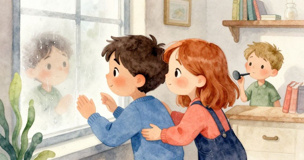 奧托與諾艾米在窗前溫柔依靠，指尖共同引導著流水，背景中旁邊的山德爾靜靜哼唱，營造溫馨重聚情景