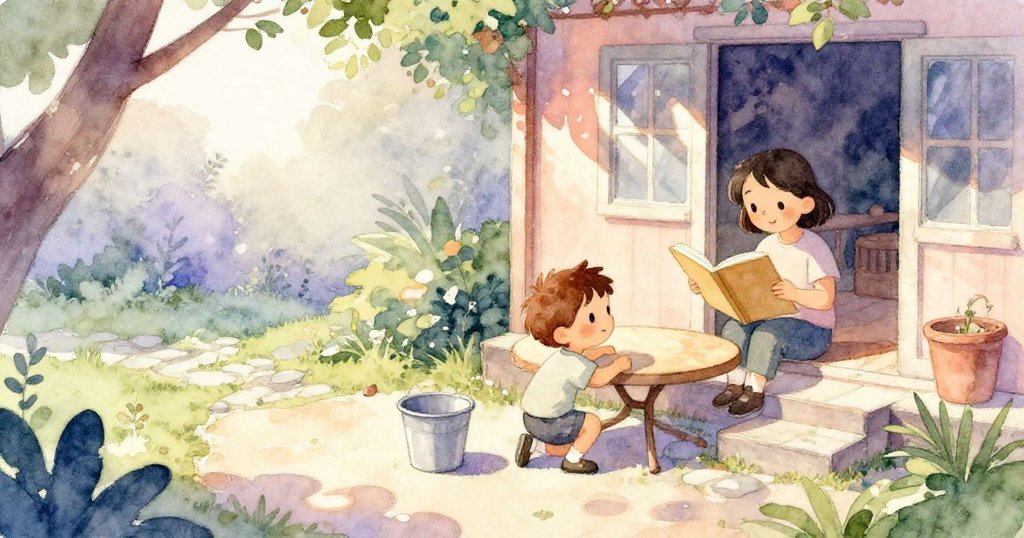 York彎身於庭院中低桌旁忙著準備桶,背後有一位靜靜閱讀的成年人,庭園石徑與陽光交織,充滿希望與寧靜。