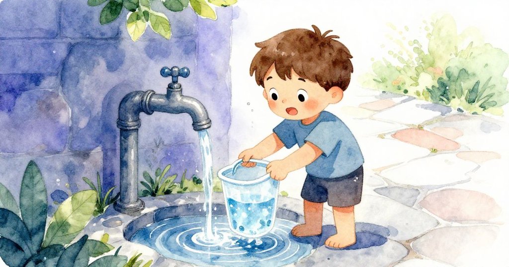 York專注地從園中水龍頭注水於塑膠收納盒及桶中,石板路上水花四濺,展現實驗痕跡與細膩動作。