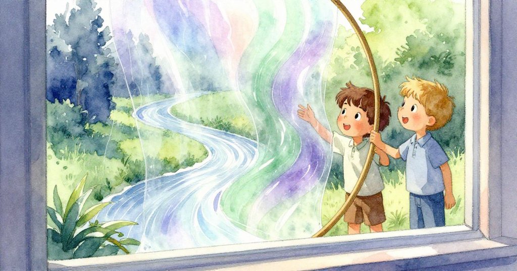 York與Bram好奇凝望著水膜中滑動的綠色與紫色彩虹,猶如透過奇幻玻璃看見全新世界,驚嘆連連。