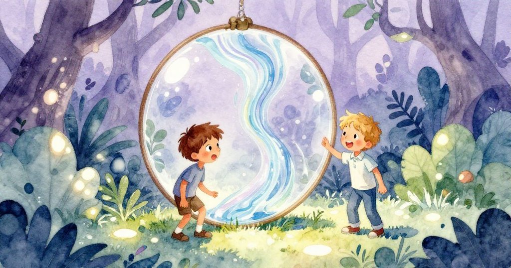 在超現實空間中,York與Bram凝望著扭曲流動的彩水膜,環境宛如夢境般變形,展現奇幻與沉思之美。