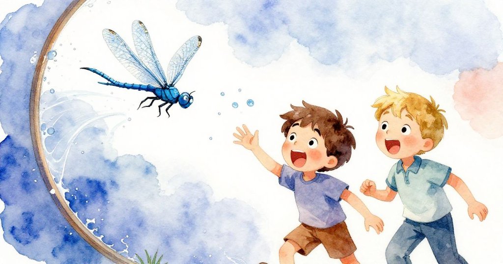 藍色蜻蜓迅速穿過畫面,輕觸水膜激起細微水花,Bram驚喜擦拭眼鏡,York動作迅捷,動感與活力洋溢。