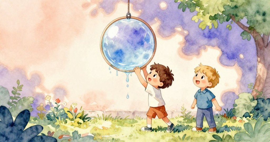 York舉著滴水的框架,Bram依偎在側,兩人欣喜望著牆上融合的水彩反光,象徵創意成功與童趣追尋。