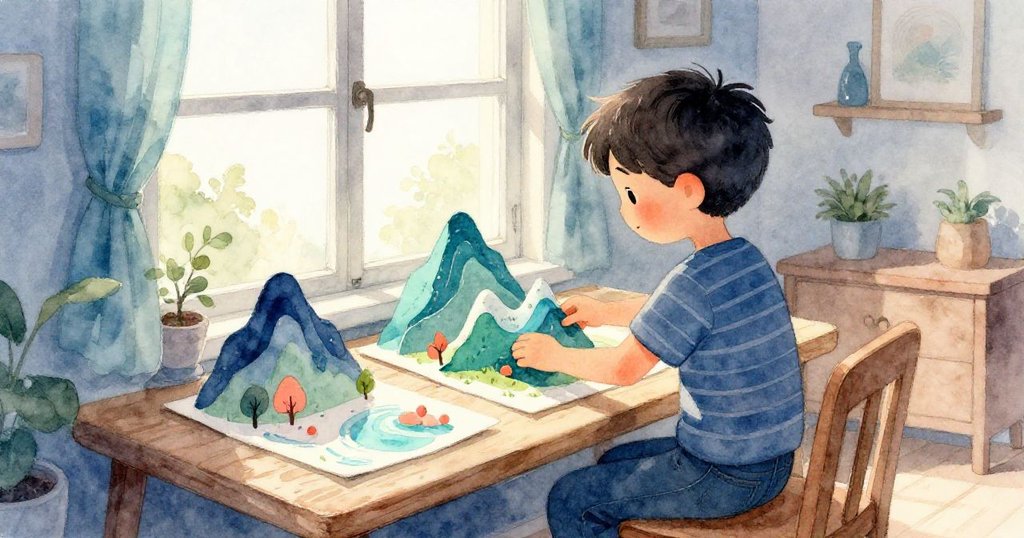 室內晨光中，Seth動作認真調整山谷佈景，窗外露出草坪，神情專注且充滿期待。