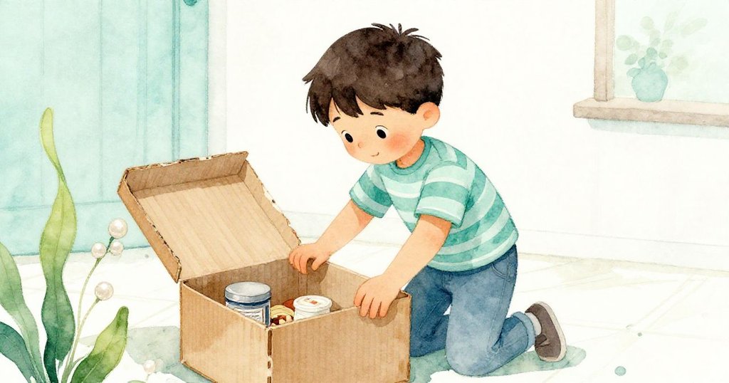 Seth輕輕舉起久經風霜的紙板山脊，手法細緻，背景中的舊盒子和柔和光影互相映襯。