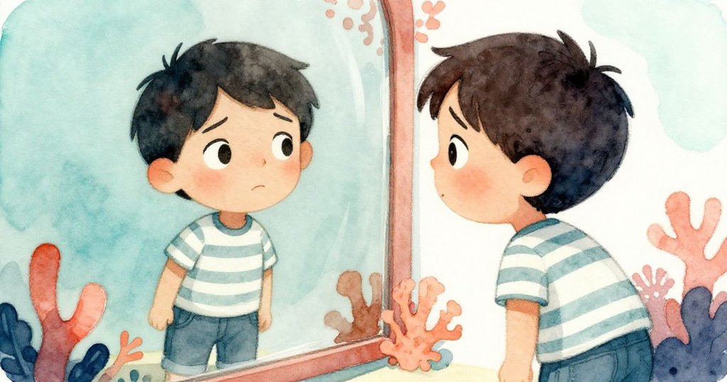 Seth神情困惑地看向鏡面反射，陰影奇異扭曲，室內光線柔和營造出神秘氛圍。