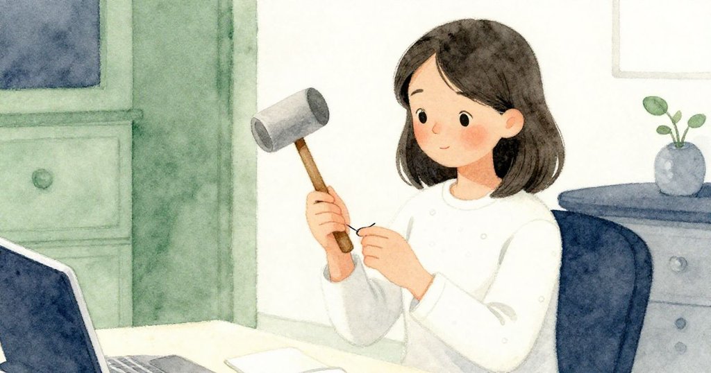 Rosa溫柔地用小木槌敲打鬆落的銷釘，背景中布料下垂與光影細節展示出室內溫馨修復畫面。