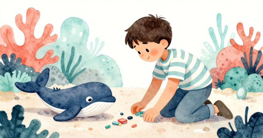 Seth急忙下跪調整散亂的布景，暖色窗台上的獨角鯨木偶顯得脆弱，充滿緊張與關切。