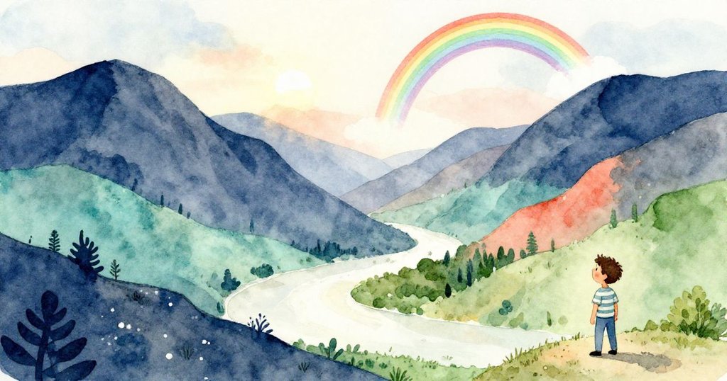 午後柔光中，Seth滿意地望著完成的佈景，窗外餘暉映出微弱彩虹，畫面安詳而充滿魔幻感。