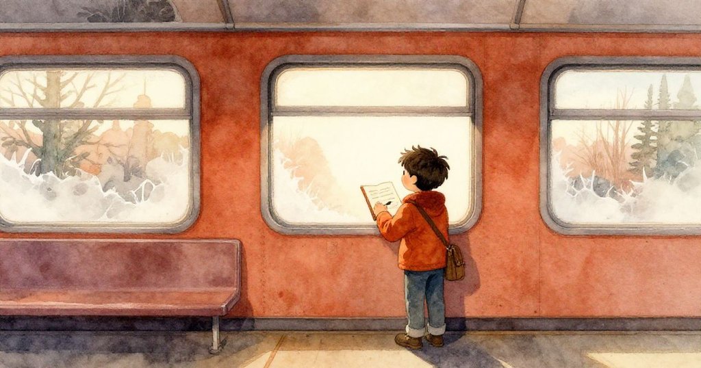 海斯於晨曦火車內靠著結霜窗戶作畫，神情專注，環境冰冷卻透出溫暖光線，展現起始旅程。