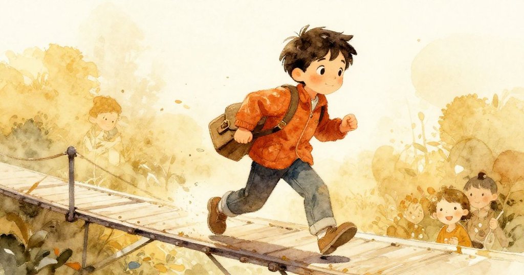 海斯急步走在鐵製天橋上，肩背書包拖曳，步伐堅定，背景中晨光與金色色調營造動感。