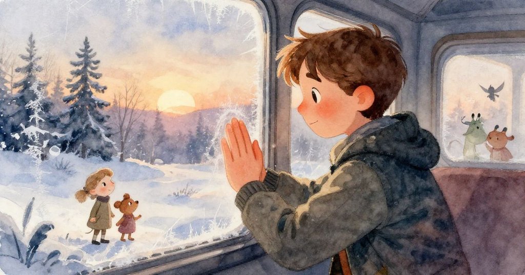 海斯的手在傾斜視角下快速描繪草圖，窗外結霜映襯晨光，紙上線條充滿活力與柔和質感。