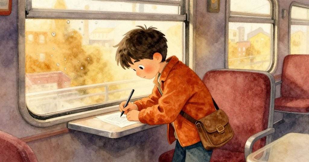 海斯在新車廂內細心調整畫本，利用前臂擋光，玻璃上水珠閃爍，暖色調中透出專注與柔美。