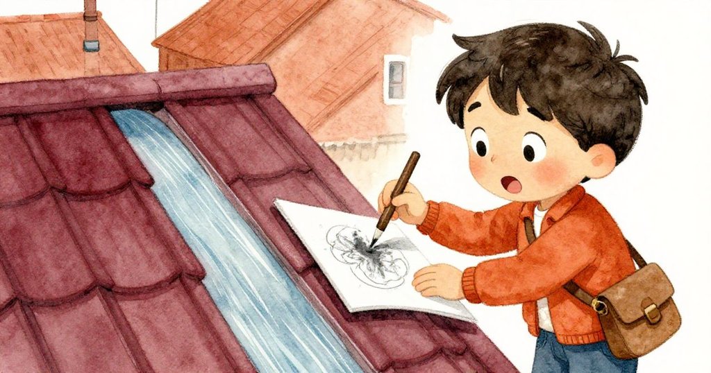 海斯驚喜凝視著畫本中意外形成的河流，眼中閃爍著創意火花，細膩展現都市屋頂輪廓。