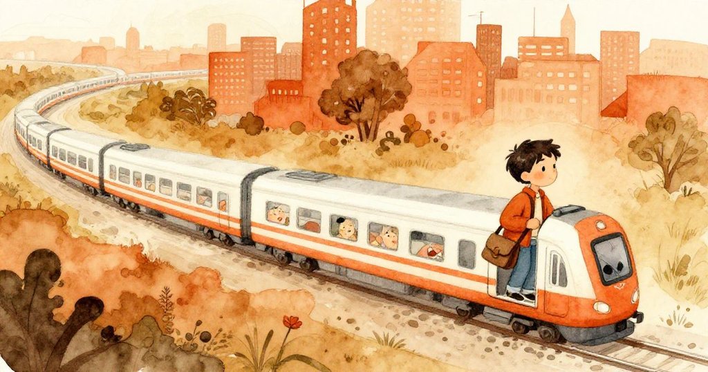 海斯於疾駛列車中凝思，都市背景與畫本河流相融，展現無盡創意與流動旅程的深刻象徵。