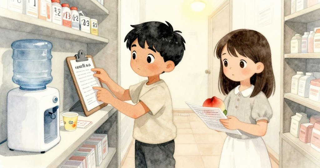 Griffon在狹窄藥局走廊中捏著票號四十三,Thea抱著桃子與簽字表格,燈光營造出戲劇性對比。