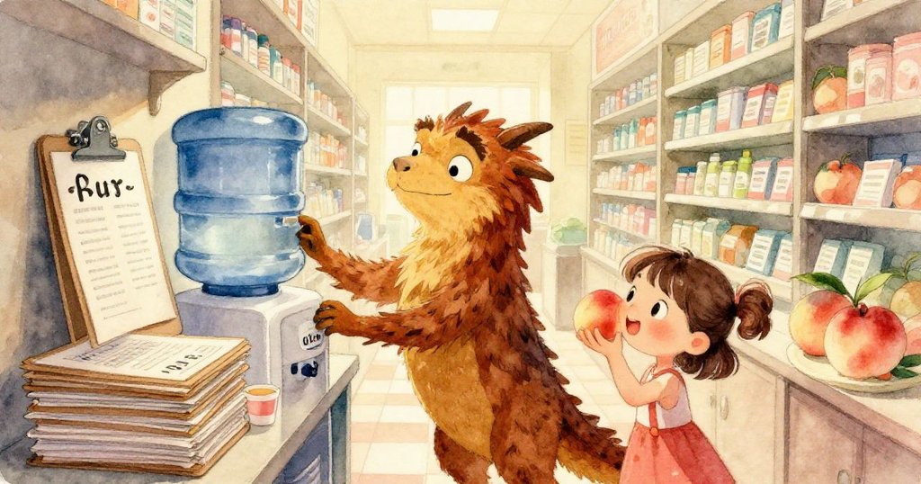 藥局走廊中,溫暖氣流與冷果汁瓶接觸產生霧氣,打印機標籤微卷,技術員迅速趕來檢查。