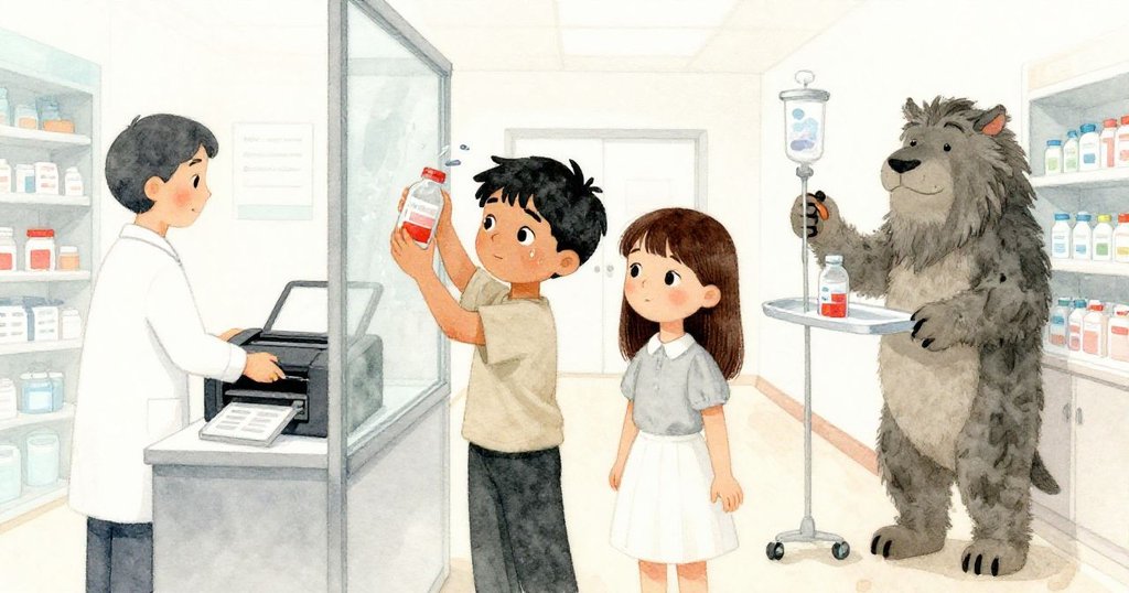 技術員拔掉打印機電源並撐高滑動玻璃,Thea提起果汁瓶,Griffon整理滴水盤,三人合力處理故障。