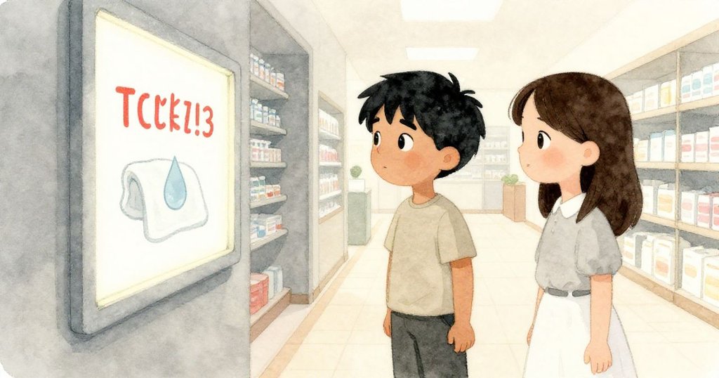 Griffon與Thea在藥局走廊凝視著顯示票號四十三的發光面板,滴水沿毛巾滑落,夕陽柔光映襯下氣氛平靜。