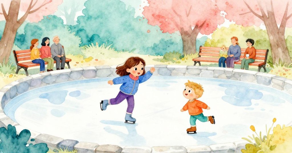 Tatum穿著藍色外套走進冰面，上方有白色呼氣，旁邊成年人在長椅上聊天，溫暖活潑的場景。