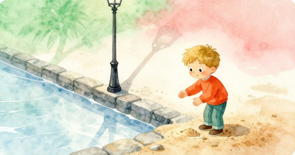 從高處看去，Wren正沿著石邊撒沙，旁邊的燈柱投下柔和剪影，冰面漸融呈現出細緻質感。