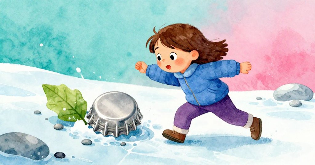 Tatum動作靈巧推動銀瓶蓋，巧妙繞過冰面冰凍的葉子和石子，動感十足呈現精準控制。