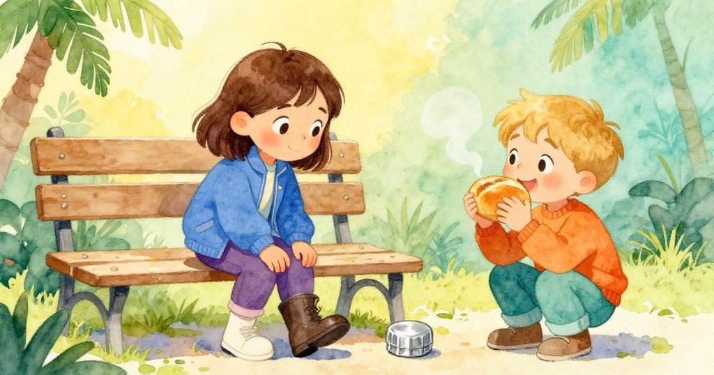 在陽光長椅旁，Wren用靴子輕推銀瓶蓋，Tatum面帶微笑注視，共享香氣撲鼻的小圓麵包，充滿溫馨情感。