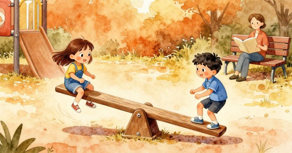小克蕾與小伊安在陽光普照的遊樂場上活力玩耍，旁邊家長坐在長椅上安靜閱讀，溫暖光線灑落四周