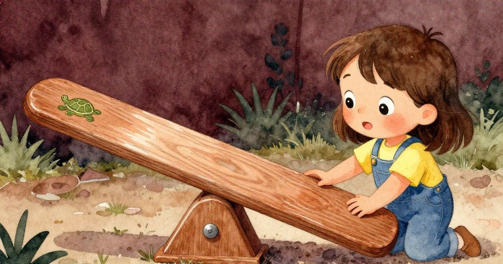 小克蕾在搖板均衡下平靜觸摸隱現的綠色烏龜圖案，臉上流露出沉思與滿足，象徵著平衡與自然保育