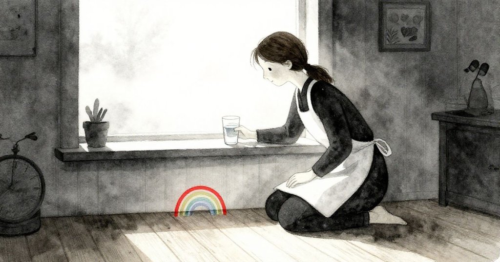 在靜謐的早晨，Eve在溫暖窗邊輕調水杯，讓彩虹光束映在松木地板上，表情專注而溫柔。