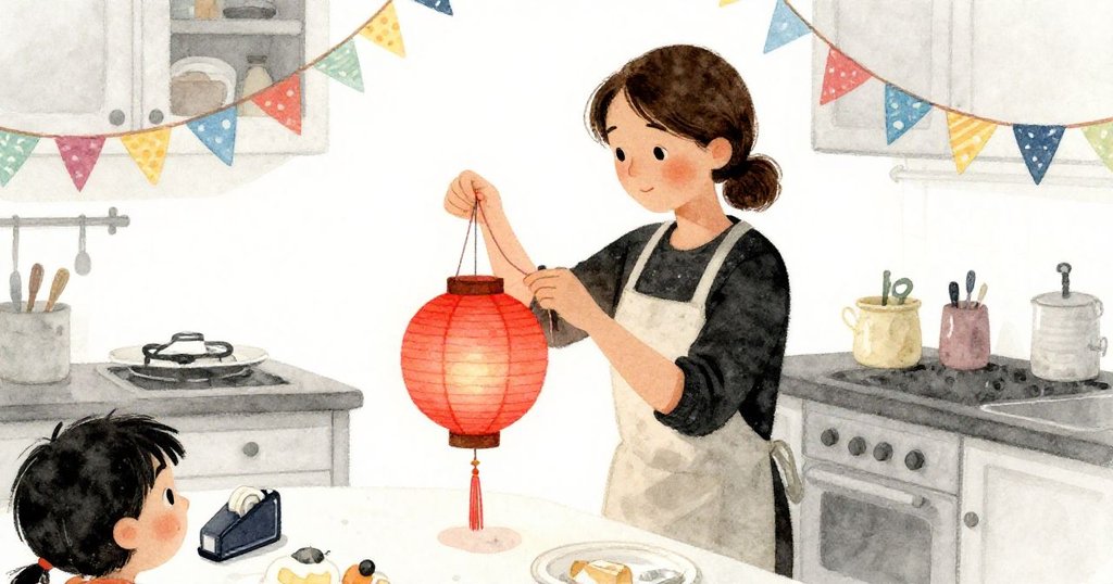 Eve在明亮廚房中細心將彩帶穿過燈籠框，桌上擺有膠帶分配器和多彩裝飾，充滿期待喜悅。