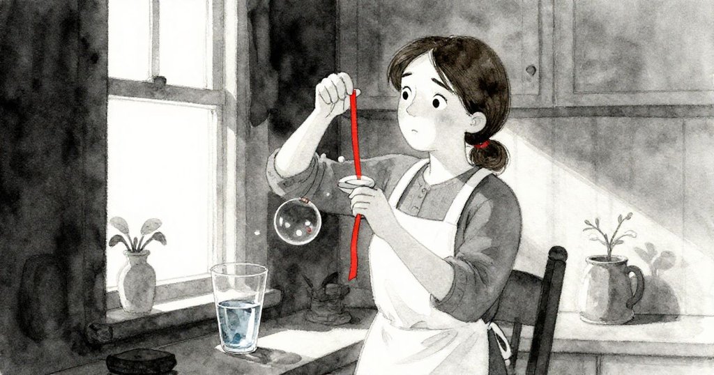 低角度畫面中，Eve回到窗邊，輕觸水杯及懸掛彩帶，眺望窗外日光，表情堅定溫暖。