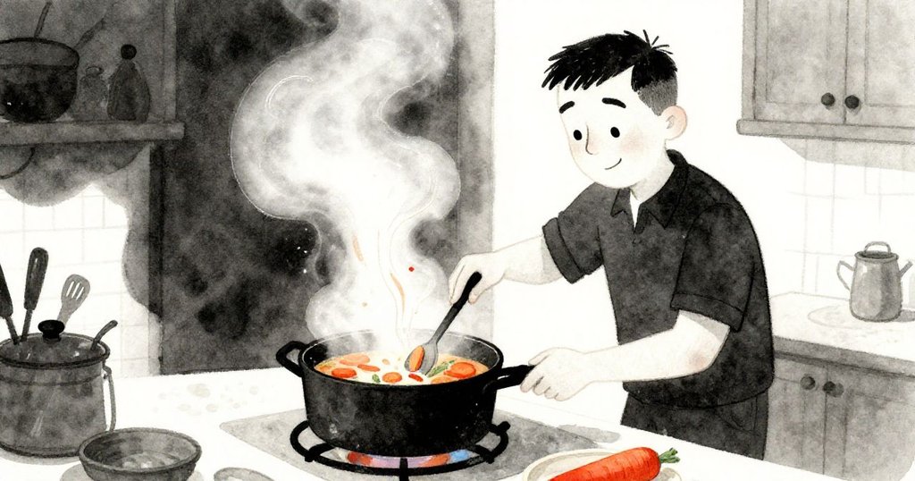 Dean在爐邊攪拌香濃蔬菜燉湯，滾動胡蘿蔔隨勺子軌跡移動，畫面充滿活力動感。