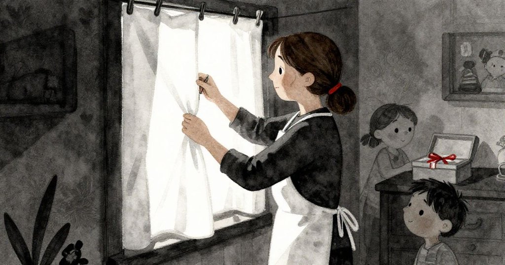 Eve用木夾夾住飄動窗簾，剪裁彩帶最後修整，室內光線暖和，故事餘韻無窮展現。