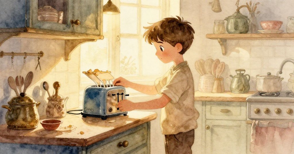 塞斯在溫暖廚房中從烤麵包機滑出碎屑盤，專注動作展現開端，背景呈現古典家居細節與柔和光影。