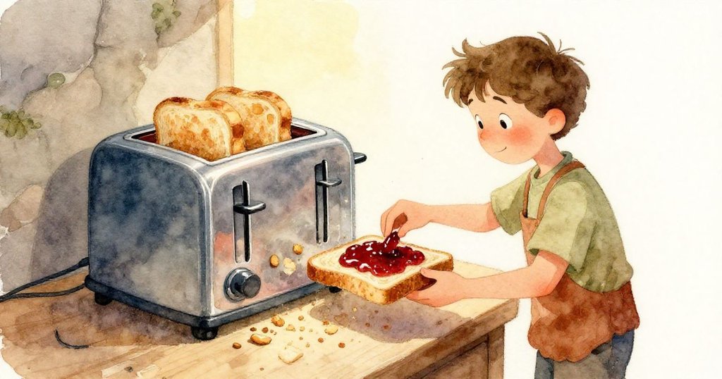 塞斯正仔細操控黏住果乾的果醬瓶，近拍展示傾斜的穀物盒和廚房細膩物件，情境充滿專注與小小挫折感。