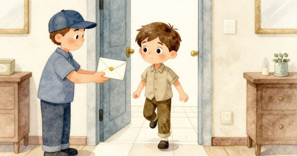 塞斯離開廚房進入涼爽大廳，接過快遞員送來的信封，神情中透出疑惑與期待，情節逐步展開。