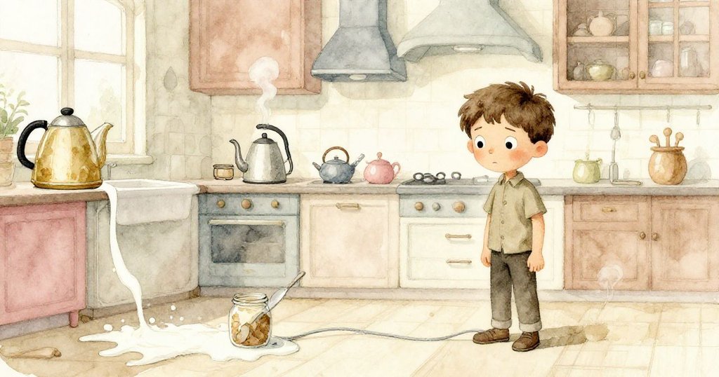 塞斯回到廚房發現異常擺放的物品，水壺冒蒸汽，牛奶漬成橢圓狀，充滿神秘與困惑氛圍。