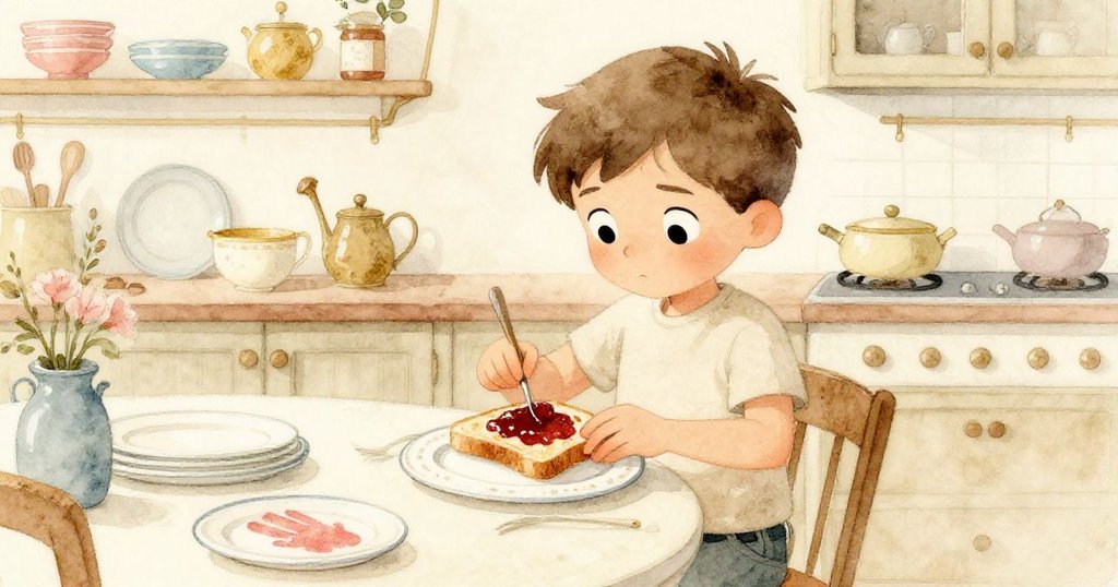 塞斯完成早餐製作，專注塗抹果醬於麵包上，手印微露象徵成功，廚房充滿溫馨與圓滿結局。