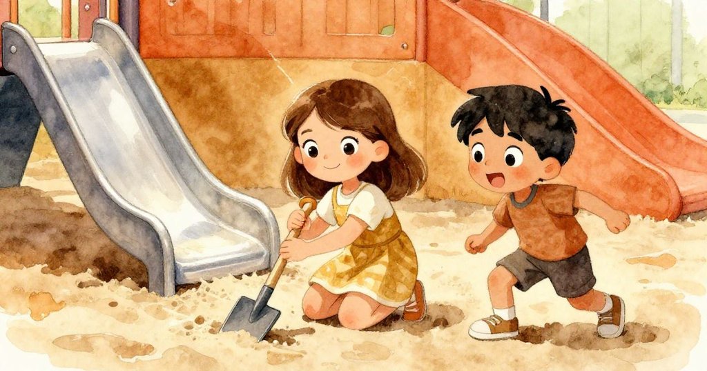 格蕾塔跪在沙坑邊緣認真用力拉扯鏟子，阿特拉斯蹲旁協助，光影交錯展現堅毅與互助情緒。