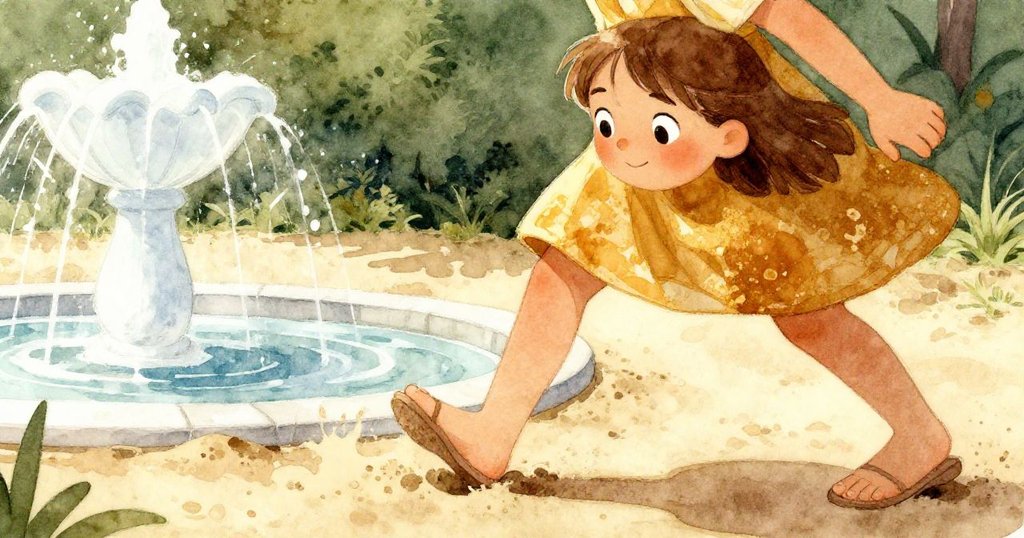 格蕾塔從沙坑邊緣邁向噴泉，沙粒飛揚，步伐堅定流露出好奇與活力，環境光影動感十足。