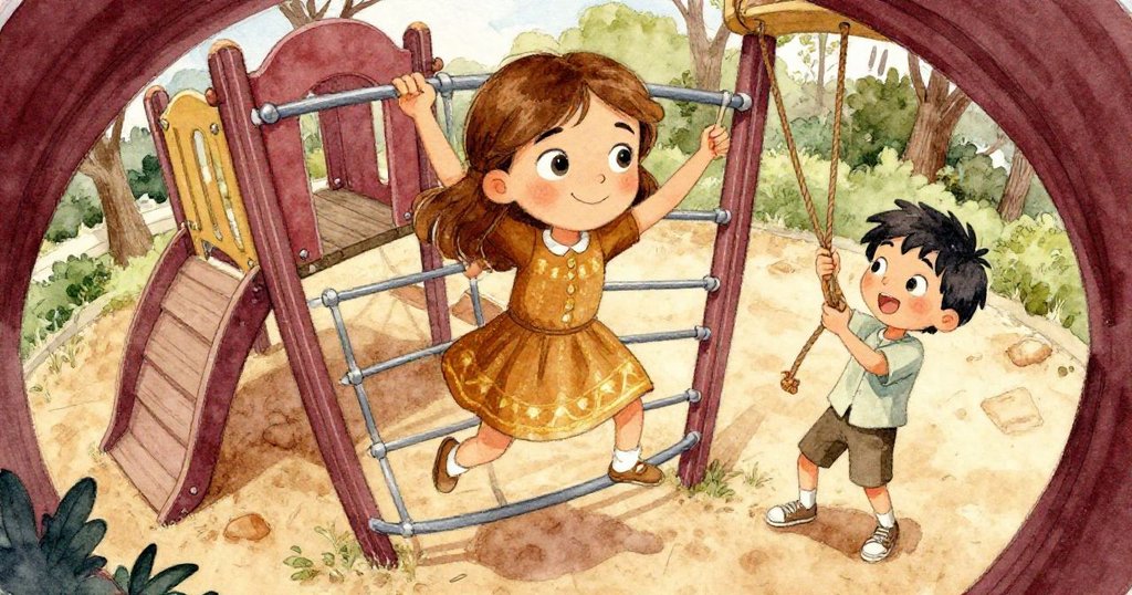 阿特拉斯率先穿越攀爬架，格蕾塔試觸閃亮繩結尋找平衡，在失真視角中展現專注探索的情感。